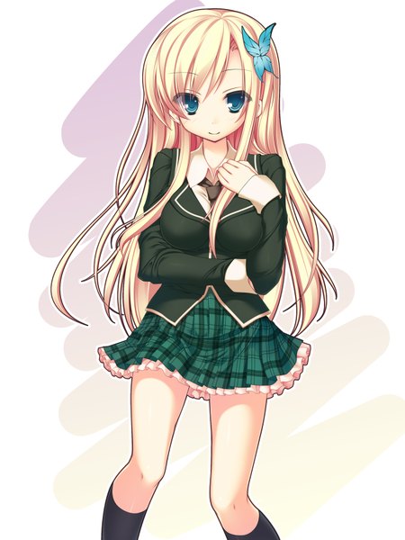 Anime picture 1350x1800 with boku wa tomodachi ga sukunai kashiwazaki sena ochinsama single long hair tall image looking at viewer blue eyes light erotic blonde hair smile standing girl skirt hair ornament miniskirt socks serafuku black socks butterfly hair ornament