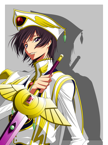 Anime picture 6000x7994 with code geass sunrise (studio) lelouch lamperouge cutenotpedo (artist) single tall image looking at viewer highres short hair simple background smile brown hair purple eyes absurdres grey background shadow framed vector boy weapon