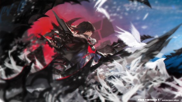 Anime picture 1890x1063 with original pixiv fantasia pixiv fantasia t paradise (character) swd3e2 single long hair highres black hair wide image eyes closed watermark fantasy girl thighhighs dress gloves black thighhighs animal black gloves