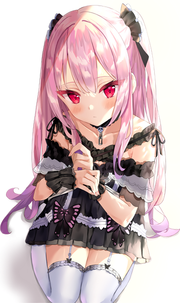 Anime picture 2264x3808 with virtual youtuber hololive uruha rushia uruha rushia (3rd costume) sinobi illust single long hair tall image looking at viewer blush fringe highres hair between eyes red eyes sitting payot pink hair head tilt fingernails from above