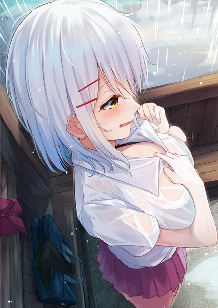 Anime-Bild 1756x2479 mit original igayan single tall image blush fringe highres short hair breasts open mouth light erotic hair between eyes large breasts standing payot looking away outdoors white hair profile pleated skirt