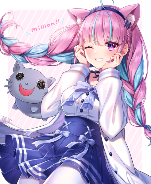Anime picture 820x1000 with virtual youtuber hololive minato aqua minato aqua (sailor) neko (minato aqua) usano single long hair tall image smile purple eyes animal ears blue hair looking away pink hair ahoge braid (braids) one eye closed multicolored hair cat ears