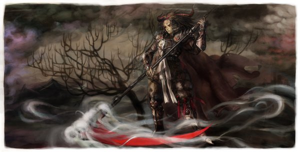 Anime picture 2361x1200 with tomape single highres red eyes brown hair wide image sky cloud (clouds) horn (horns) wind fantasy boy weapon plant (plants) tree (trees) armor cape cloak scythe