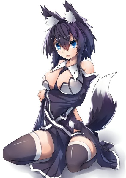 Anime picture 777x1100 with original 307 single tall image looking at viewer blush short hair breasts open mouth blue eyes light erotic black hair simple background large breasts white background bare shoulders animal ears cleavage tail animal tail