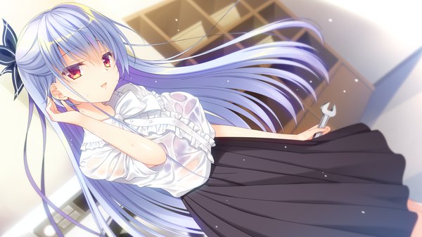 Anime picture 1280x720 with spiral!! kadomi ibarako tanihara natsuki single long hair looking at viewer blush fringe open mouth light erotic smile hair between eyes red eyes wide image standing holding blue hair game cg indoors head tilt