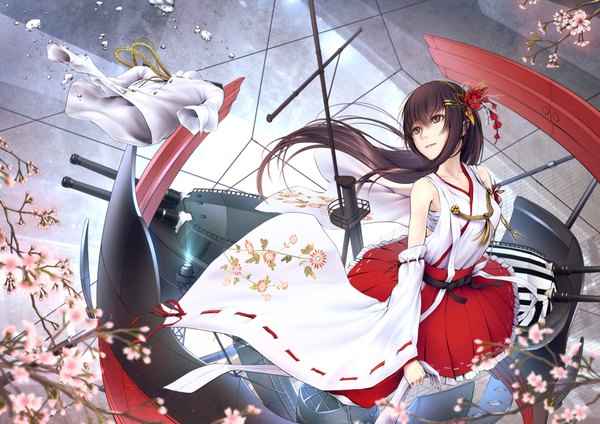 Anime picture 2000x1414 with kantai collection haruna battleship oki (koi0koi) single long hair highres black hair brown eyes traditional clothes hair flower cherry blossoms nontraditional miko girl hair ornament flower (flowers) plant (plants) detached sleeves petals tree (trees)