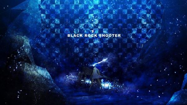 Anime picture 2560x1440 with black rock shooter original y y (ysk ygc) single long hair highres wide image standing blue hair barefoot copyright name floating hair glowing glowing eye (eyes) checkered checkered background girl dress white dress