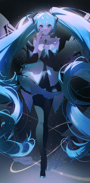 Anime picture 1126x2272 with vocaloid hatsune miku happy 16th birthday -dear creators- hatsune miku pb q single tall image looking at viewer fringe hair between eyes twintails full body very long hair aqua eyes aqua hair hand on chest girl detached sleeves wings boots thigh boots