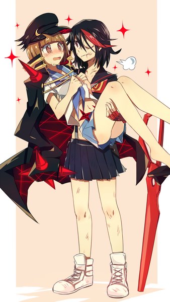 Anime picture 1072x1904 with kill la kill studio trigger matoi ryuuko mankanshoku mako shokushu ura tall image blush short hair open mouth blue eyes light erotic black hair brown hair multiple girls brown eyes red hair pleated skirt multicolored hair barefoot two-tone hair