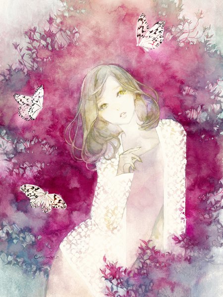 Anime picture 825x1100 with original emimino single long hair tall image open mouth blonde hair signed yellow eyes traditional media watercolor (medium) girl plant (plants) insect butterfly