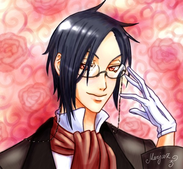 Anime picture 2133x1976 with kuroshitsuji a-1 pictures sebastian michaelis looking at viewer highres short hair black hair smile red eyes teacher butler boy gloves bowtie suit