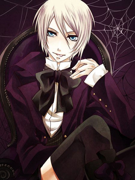 Anime picture 768x1024 with kuroshitsuji a-1 pictures alois trancy aya-imai tall image looking at viewer fringe short hair sitting aqua eyes thighhighs boy bow boots tongue bowtie chair spider web