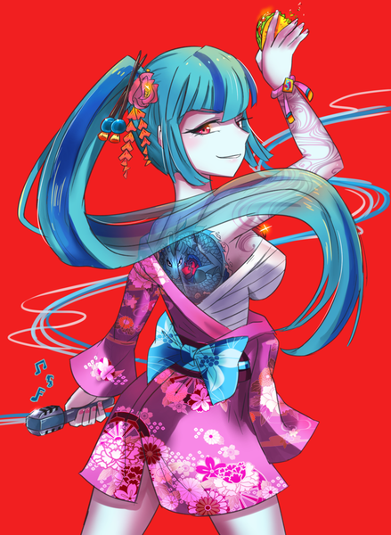 Anime picture 800x1094 with my little pony sonata dusk iojknmiojknm single long hair tall image looking at viewer fringe light erotic payot blue hair ponytail traditional clothes japanese clothes pink eyes multicolored hair light smile off shoulder two-tone hair tattoo