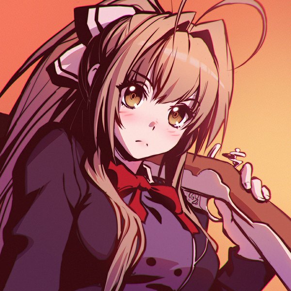 Anime picture 900x900 with amagi brilliant park kyoto animation sento isuzu ilya kuvshinov single long hair looking at viewer blush simple background brown hair brown eyes ahoge ponytail portrait orange background weapon over shoulder girl bow weapon hair bow