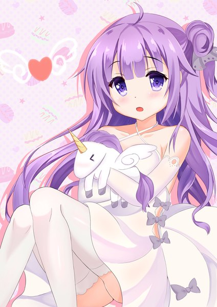 Anime picture 2480x3508 with azur lane unicorn (azur lane) kazeyukimi single long hair tall image looking at viewer blush fringe highres open mouth light erotic hair between eyes sitting purple eyes bare shoulders purple hair ahoge ass hair bun (hair buns)