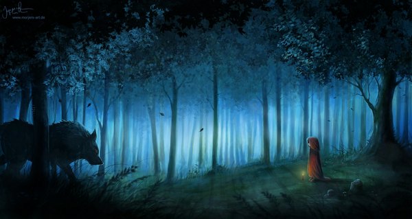 Anime picture 1094x582 with little red riding hood little red riding hood (character) big bad wolf jerry8448 (artist) red eyes wide image wind night light girl plant (plants) animal tree (trees) cloak grass forest candle (candles) wolf