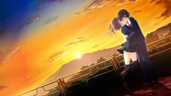 Anime picture 1280x720 with love sweets ichinose yui blush short hair black hair brown hair wide image game cg sky cloud (clouds) eyes closed couple evening sunset kiss girl thighhighs boy black thighhighs