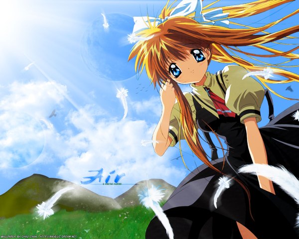 Anime picture 1280x1024 with air key (studio) kamio misuzu signed sky girl ribbon (ribbons) feather (feathers)