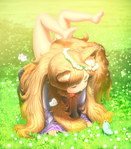 Anime picture 1308x1488 with moomin touhou imaizumi kagerou yonaki single long hair tall image light erotic brown hair animal ears tail eyes closed long sleeves animal tail barefoot legs sleeves past wrists wolf ears wolf tail alternate age