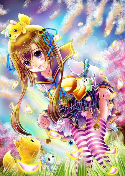 Anime picture 2894x4093 with original aka kitsune long hair tall image highres brown hair twintails heterochromia multicolored girl thighhighs skirt ribbon (ribbons) hair ribbon miniskirt animal petals striped thighhighs