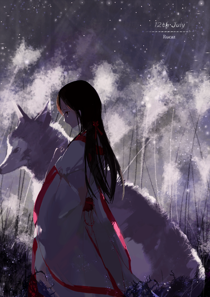 Anime picture 1000x1414 with original rucaz (wata okami) long hair tall image fringe black hair standing signed long sleeves traditional clothes japanese clothes profile wide sleeves dated winter girl ribbon (ribbons) plant (plants) hair ribbon animal