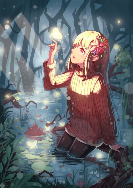 Anime picture 827x1169 with original chopark single long hair tall image fringe blonde hair red eyes standing outdoors parted lips hair flower partially submerged lens flare outstretched arm looking up glow girl flower (flowers) plant (plants)