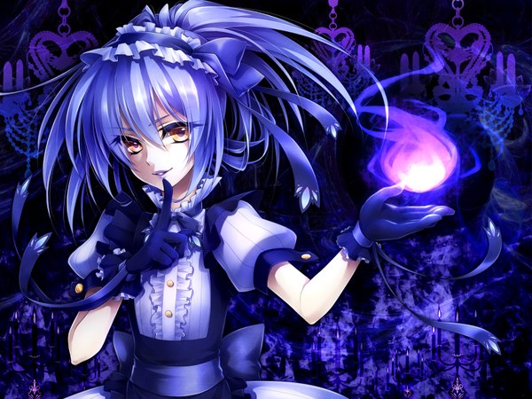 Anime picture 1600x1200 with original ueno tsuki single long hair looking at viewer yellow eyes blue hair glowing finger to mouth girl dress gloves ribbon (ribbons) headdress