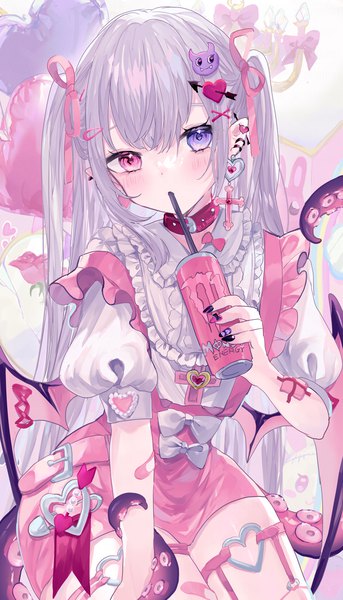 Anime picture 1143x2000 with original monster energy remimim single long hair tall image looking at viewer blush fringe hair between eyes sitting purple eyes twintails holding signed silver hair nail polish head tilt pink eyes fingernails