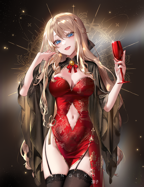 Anime picture 4000x5208 with genshin impact navia (genshin impact) ringeko-chan single long hair tall image looking at viewer fringe highres breasts open mouth blue eyes light erotic simple background blonde hair smile hair between eyes large breasts standing signed