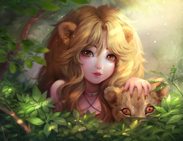 Anime picture 1650x1275 with original pedo hika single long hair fringe blonde hair hair between eyes brown hair brown eyes animal ears parted lips fingernails lipstick slit pupils pink lipstick personification lion ears girl plant (plants) animal