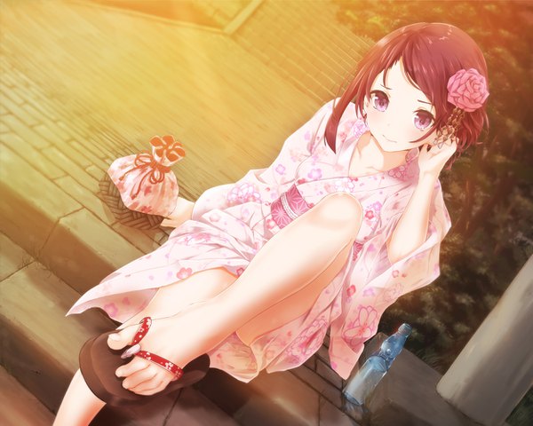 Anime picture 1250x1000 with original sahara386 single looking at viewer short hair light erotic sitting purple eyes purple hair traditional clothes head tilt japanese clothes hair flower bare legs legs floral print leg lift (legs lift) girl flower (flowers) kimono