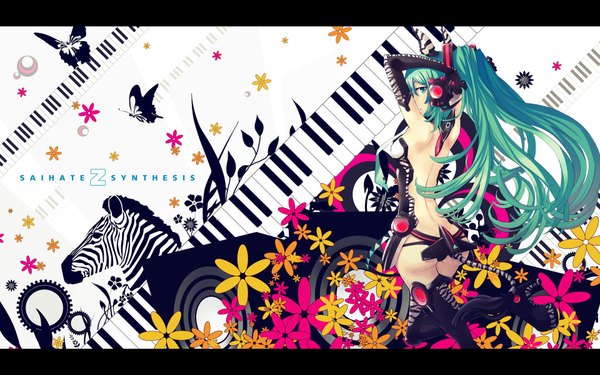 Anime picture 1920x1200 with vocaloid hatsune miku ochakai shinya single long hair highres light erotic wide image twintails green eyes animal ears animal tail looking back green hair arms up back girl thighhighs gloves flower (flowers)
