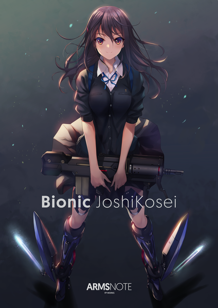 Anime picture 870x1230 with arms note bionic joshikousei (fukai ryousuke) fukai ryosuke single long hair tall image looking at viewer blush fringe simple background smile hair between eyes brown hair standing holding brown eyes full body pleated skirt floating hair dark background