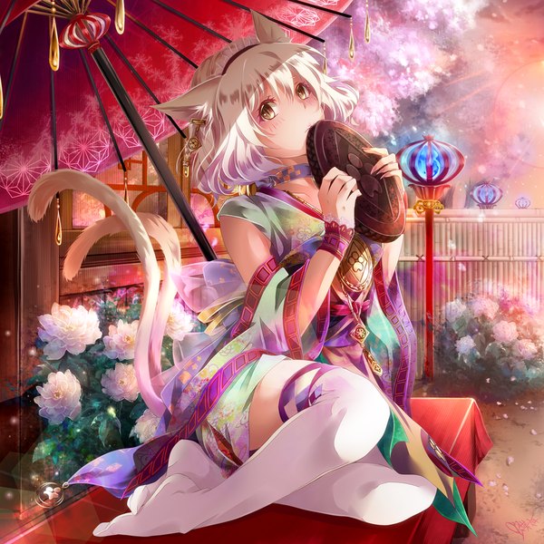 Anime picture 1200x1200 with original tyouya single looking at viewer blush short hair sitting brown eyes signed animal ears white hair tail traditional clothes japanese clothes animal tail cat ears cat tail no shoes zettai ryouiki multiple tails