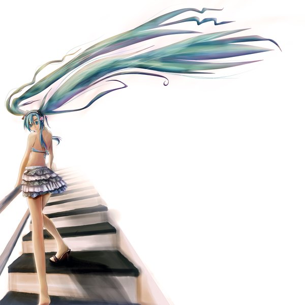 Anime picture 1900x1900 with vocaloid hatsune miku dxlsmax (lizhimin) highres simple background white background twintails very long hair looking back aqua eyes aqua hair girl skirt miniskirt stairs