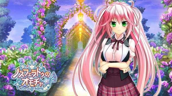 Anime picture 1280x720 with nosferatu no omocha misha (nosferatu no omocha) looking at viewer blush fringe smile wide image green eyes pink hair sky very long hair pleated skirt inscription official art evening crossed arms girl skirt uniform flower (flowers)