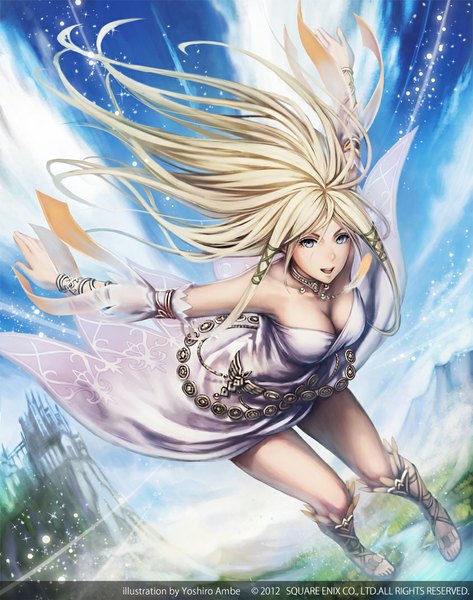 Anime picture 845x1073 with original anbe yoshirou single long hair tall image looking at viewer open mouth blue eyes blonde hair bare shoulders full body flying girl dress detached sleeves feather (feathers) castle