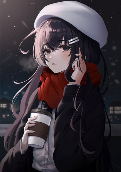 Anime picture 3206x4539 with original doongdang single long hair tall image looking at viewer blush fringe highres black hair hair between eyes holding absurdres outdoors long sleeves parted lips arm up black eyes night open jacket
