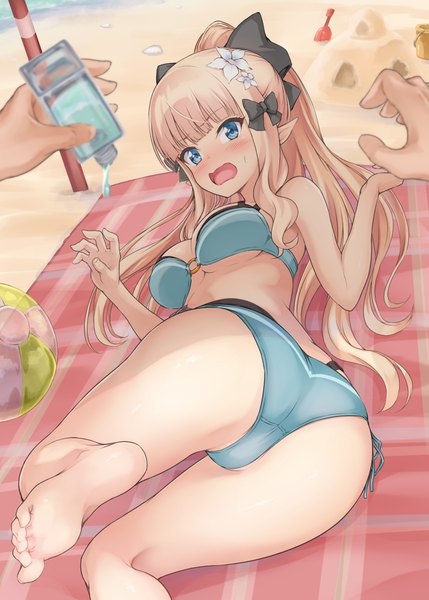 Anime picture 848x1186 with princess connect! re:dive princess connect! saren (princess connect!) oonaka ito long hair tall image looking at viewer blush fringe breasts blue eyes light erotic blonde hair holding payot bent knee (knees) ass ponytail lying blunt bangs