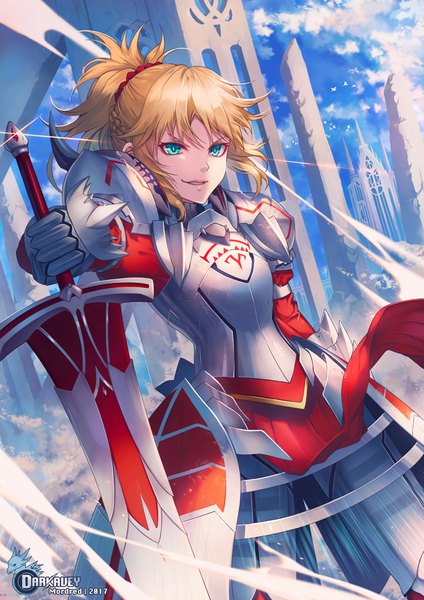 Anime picture 700x990 with fate (series) fate/grand order fate/apocrypha mordred (fate) darkavey single tall image short hair blonde hair signed looking away ponytail aqua eyes character names 2017 girl weapon sword armor armored dress
