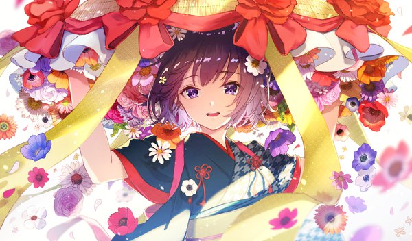 Anime picture 2000x1176 with original kusaka kou single looking at viewer blush fringe highres short hair open mouth smile brown hair wide image purple eyes upper body traditional clothes :d japanese clothes hair flower arms up girl