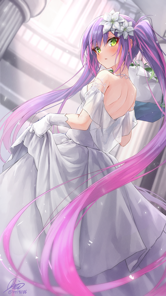 Anime picture 2302x4093 with virtual youtuber hololive tokoyami towa rei (9086) single tall image blush highres twintails green eyes payot purple hair indoors very long hair multicolored hair hair flower streaked hair girl dress gloves