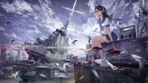 Anime picture 1382x780 with original hjl single fringe black hair wide image sitting sky cloud (clouds) barefoot wind bare legs city happy smoke flying ruins broken girl skirt