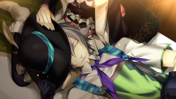 Anime picture 1280x720 with beyond the future nate su-ru-ya fringe short hair open mouth wide image animal ears game cg lying eyes closed grey hair couple sleeping girl boy hat