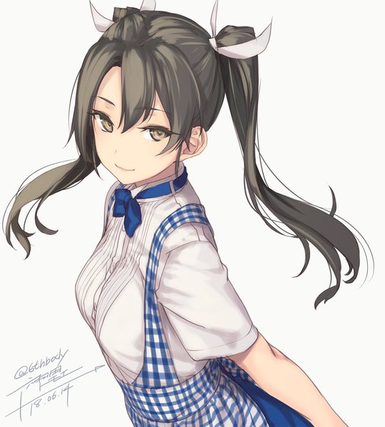 Anime picture 900x1000 with kantai collection kobeya zuikaku aircraft carrier rokuwata tomoe single long hair tall image fringe simple background hair between eyes brown hair white background twintails brown eyes signed upper body twitter username underbust girl uniform