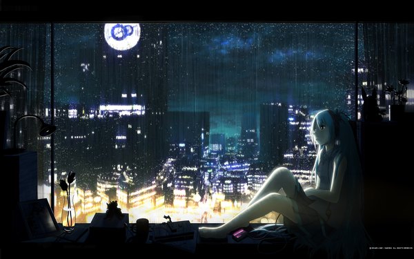 Anime picture 1920x1200 with vocaloid mikumix hatsune miku sumashi (cii) single long hair highres wide image barefoot night city rain girl flower (flowers) moon headset vase