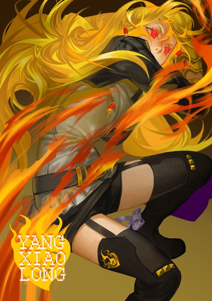 Anime picture 1060x1500 with rwby rooster teeth yang xiao long logod single long hair tall image blonde hair simple background red eyes looking away bent knee (knees) inscription character names gradient background glowing glowing eye (eyes) covering covering face girl