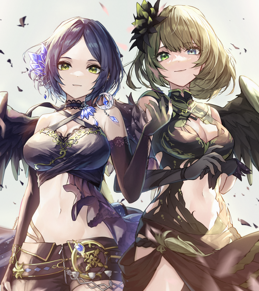 Anime picture 3831x4306 with idolmaster idolmaster cinderella girls idolmaster cinderella girls starlight stage takagaki kaede hayami kanade shino sto tall image looking at viewer highres short hair breasts standing multiple girls green eyes blue hair absurdres cleavage green hair mole bare belly