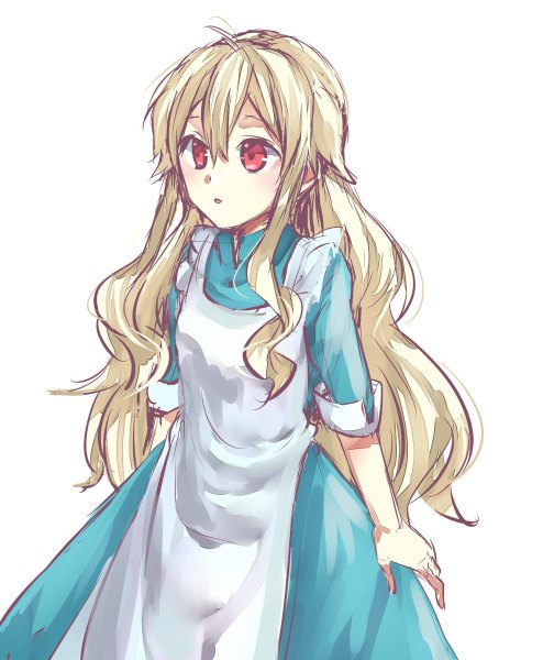 Anime picture 988x1200 with kagerou project shaft (studio) mary (kagerou project) tomozero single long hair tall image blush fringe simple background blonde hair hair between eyes red eyes white background looking away girl dress apron blue dress