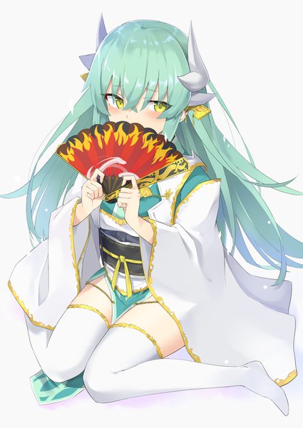 Anime picture 2507x3541 with fate (series) fate/grand order kiyohime (fate) 100% single long hair tall image looking at viewer blush fringe highres simple background hair between eyes white background sitting holding yellow eyes full body traditional clothes japanese clothes
